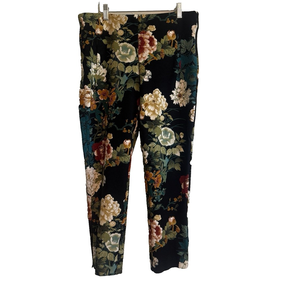 Chico's Black Floral Pull-on Ankle Pants Sz 1.5 (US 10) Elastic Waist Minimalist